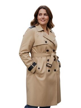 Michel Studio Collection Double-Breasted Trench Coat 2X Tan & Black Epaulettes